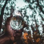 From below of crop anonymous person holding transparent glass ball reflecting autumn trees in forest