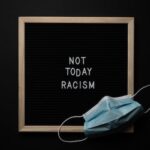 Blackboard with NOT TODAY RACISM inscriptions and protecting mask