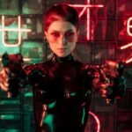 Woman in Black Rubber Suit Pointing Guns and Chinese Script Neon in Background