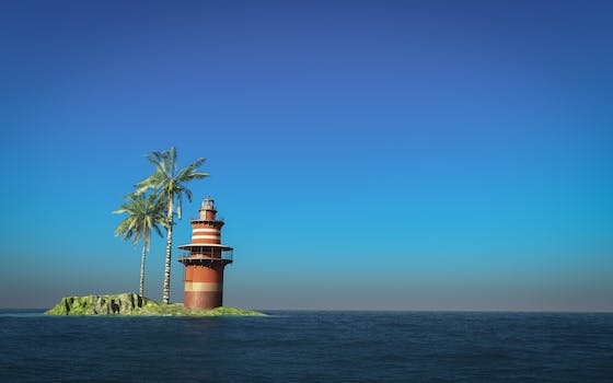 Lighthouse Beside Palm Tree on Islet
